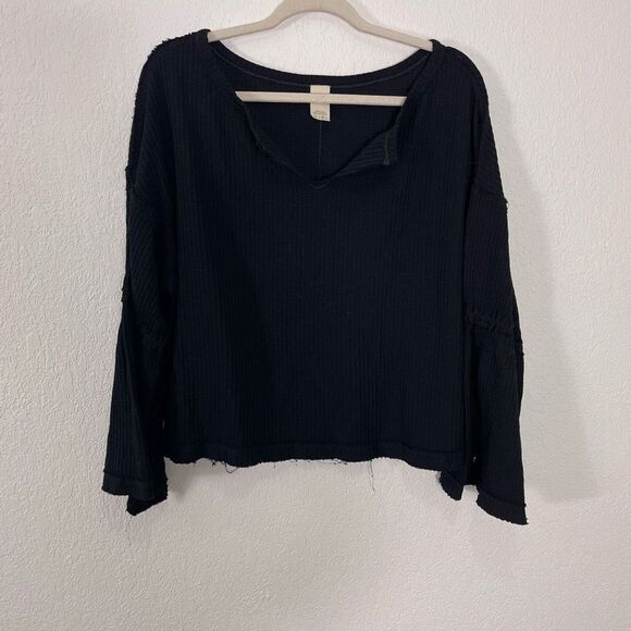 Free People Tops - Free People Black Waffle Knit Bell Sleeve Long Sleeve Top